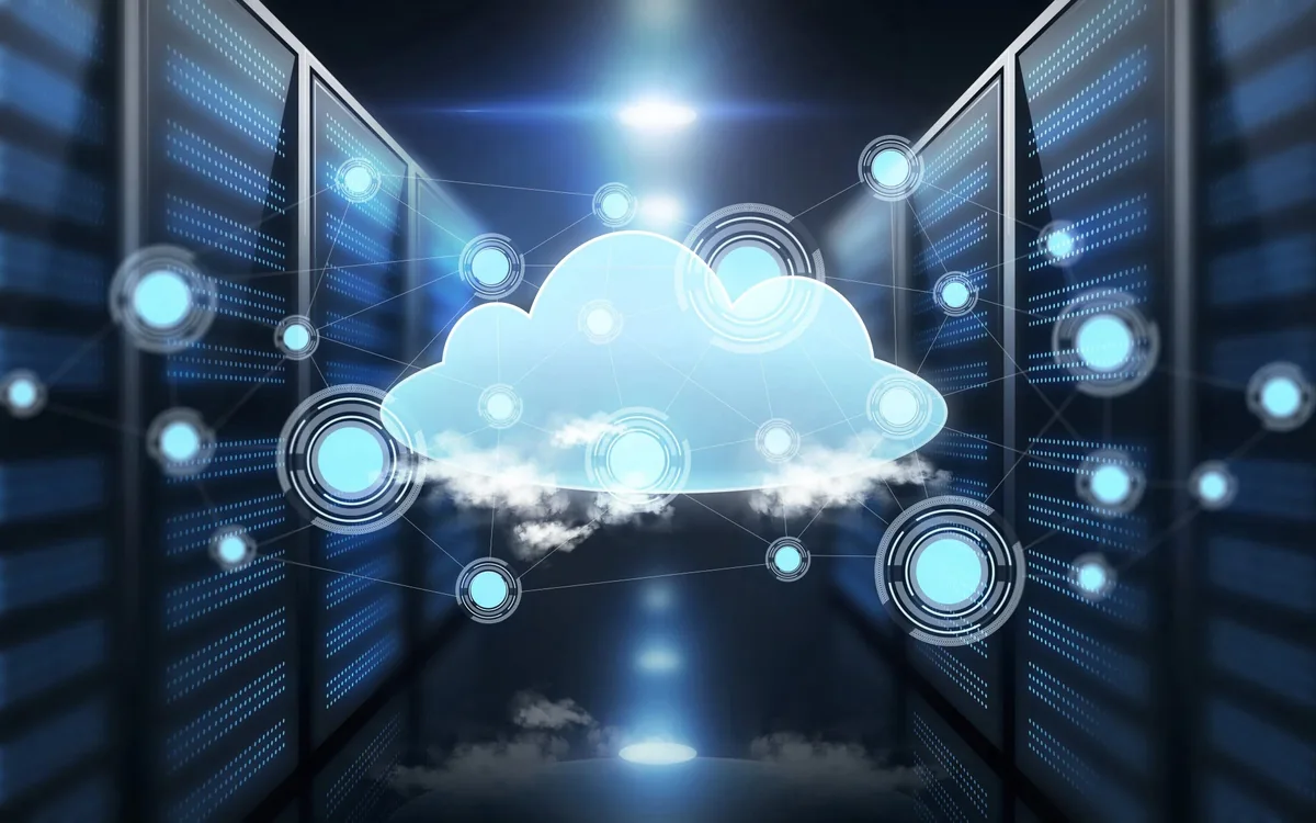 Cloud hosting concept: a glowing cloud connected to server racks